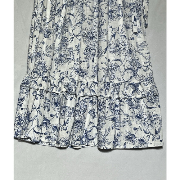 Monteau Linen Blend Faux Wrap Dress Small White Blue Floral Flutter Sleeve Tie - Picture 5 of 12